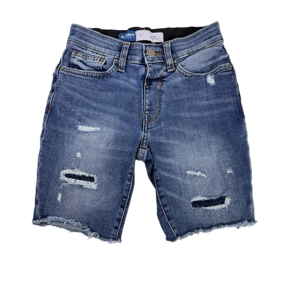 Old Navy Girl’s Distressed Slim Built-In Tough Blue Denim Bermuda Cutoff Shorts